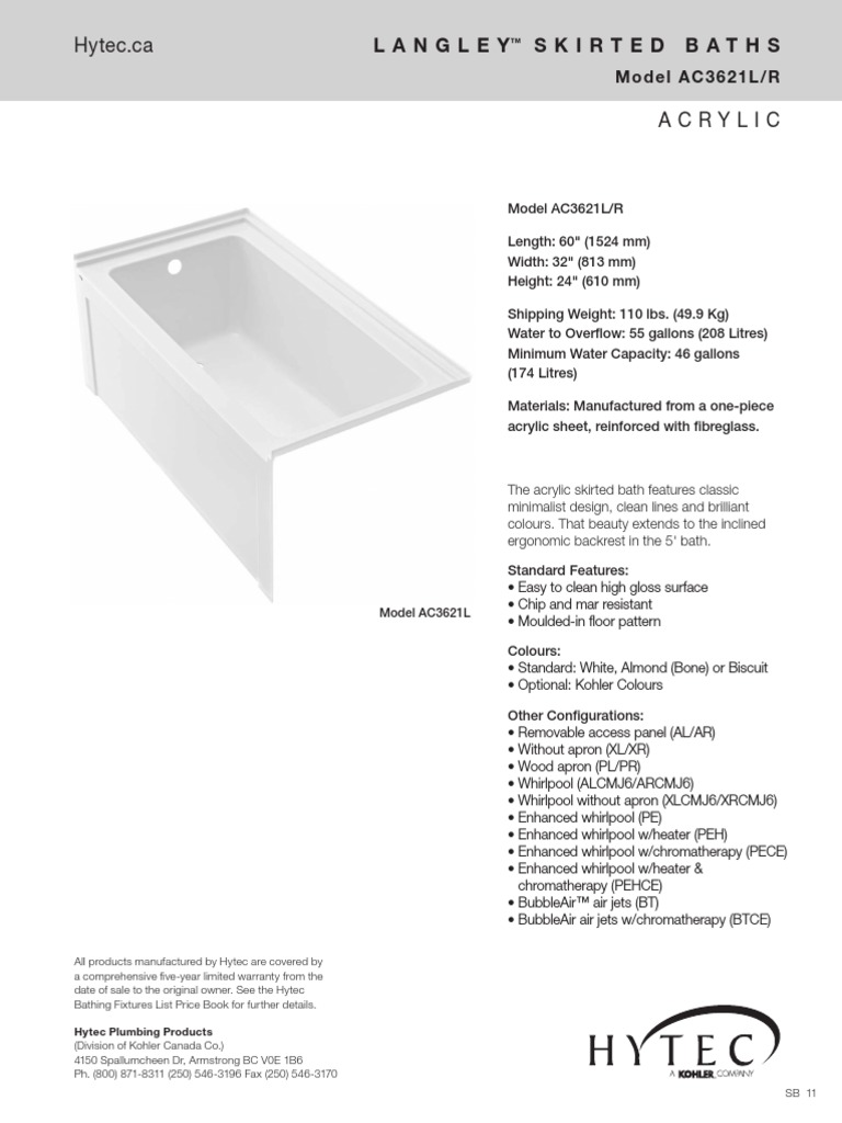 Hytec Ac3621l R Acr Bathtub Whirlpools PDF Nature