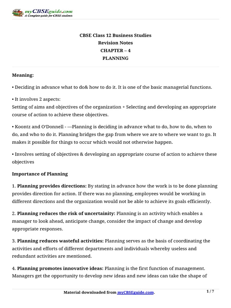 Class 12 Business Studies: Planning Notes | PDF | Goal | Planning