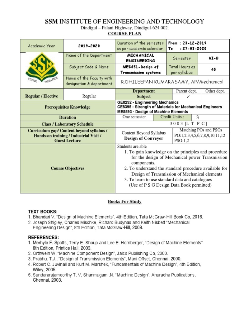DTS Course Plan Iii B PDF Gear Mechanical Engineering