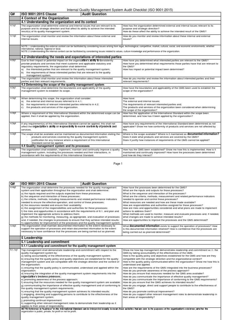ISO 9001:2015 Audit Checklist Guide | PDF | Quality Management System ...