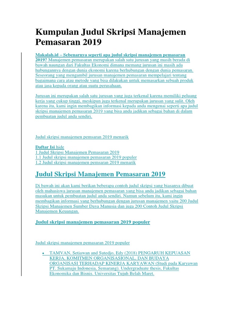 Kumpulan Judul Skripsi Manajemen Pemasaran 2019