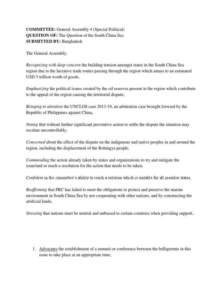 THIMUN Singapore Resolution - Question of The South China Sea | PDF ...