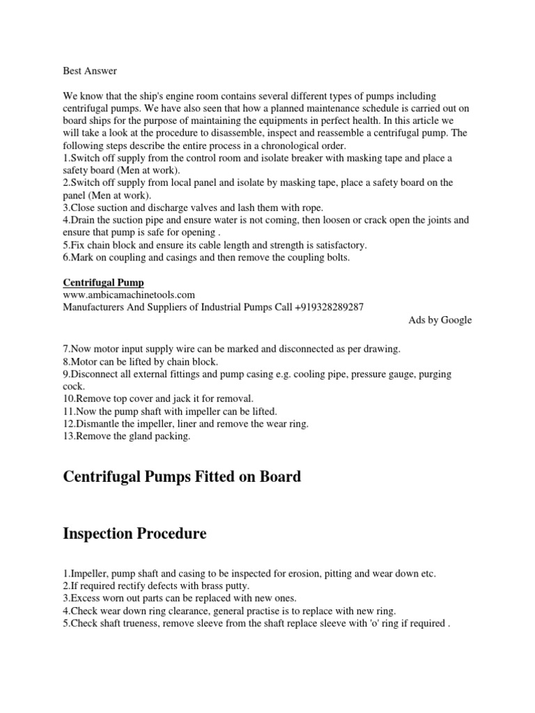 Centrifugal Pump Overhaul Procedure | PDF