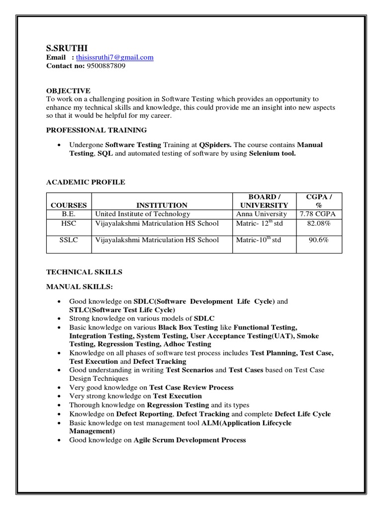 Software Testing Resume of S. Sruthi | PDF | Software Testing ...