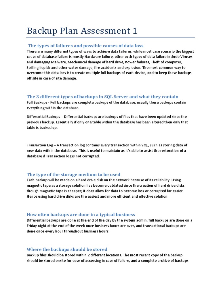 Backup Plan Assessment Overview | PDF | Backup | Databases