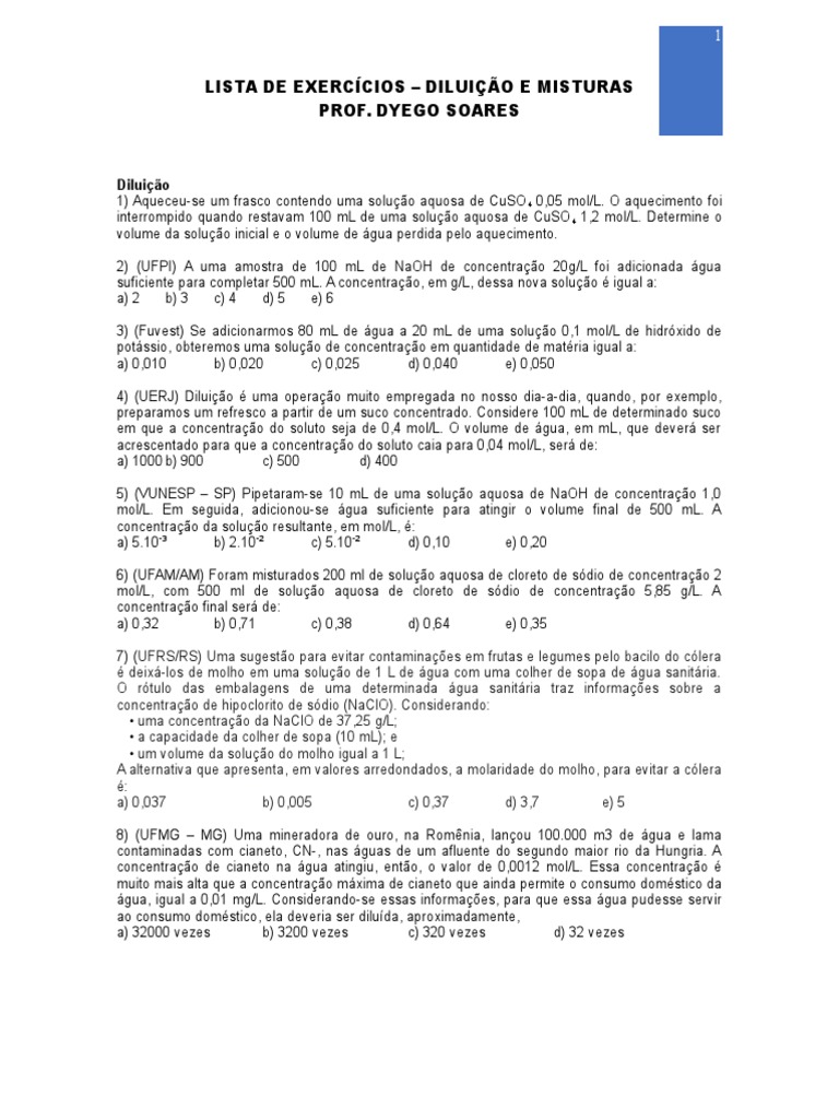 Exercícios de Diluição e Misturas | PDF | Solução | Concentração