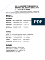 Propuesta de Horario de Trabajo Con El Proyecto de Musica Del Centro Educativo El Castillo de Simón