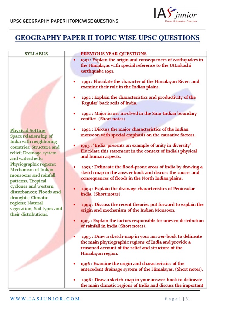 Upsc Mains Questions Geography Optional Paper Ii Topicwise Untill 2017 ...