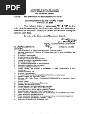 Jammu And Kashmir State List Of Holidays Pdf Government