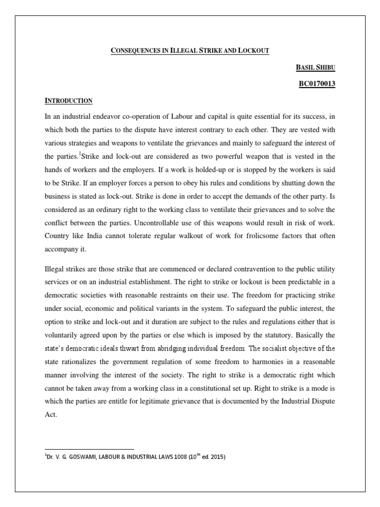 Consequences in Illegal Strike and Lockout, Labour Law PDF Strike