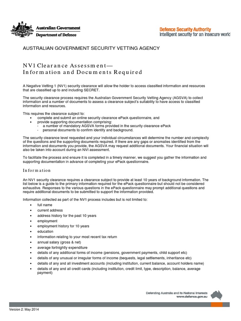 NV1 Fact Sheet (May 2014) PDF Security Clearance Classified Information