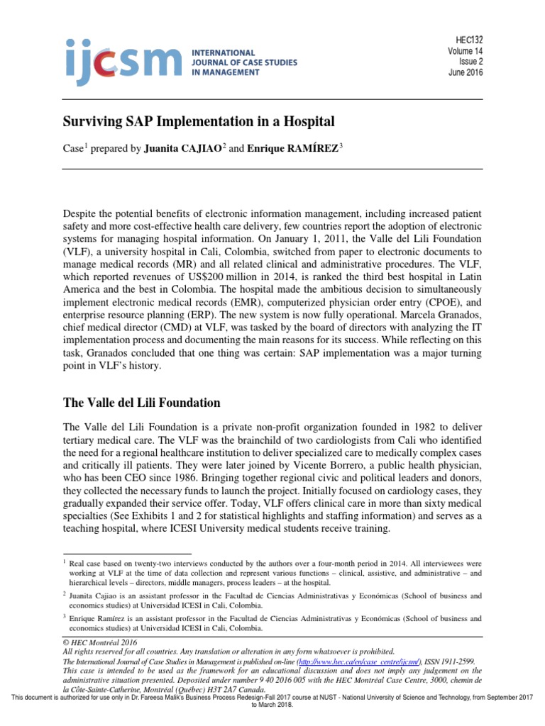 Surviving Sap Implementation In A Hospital Pdf Patient Health Care