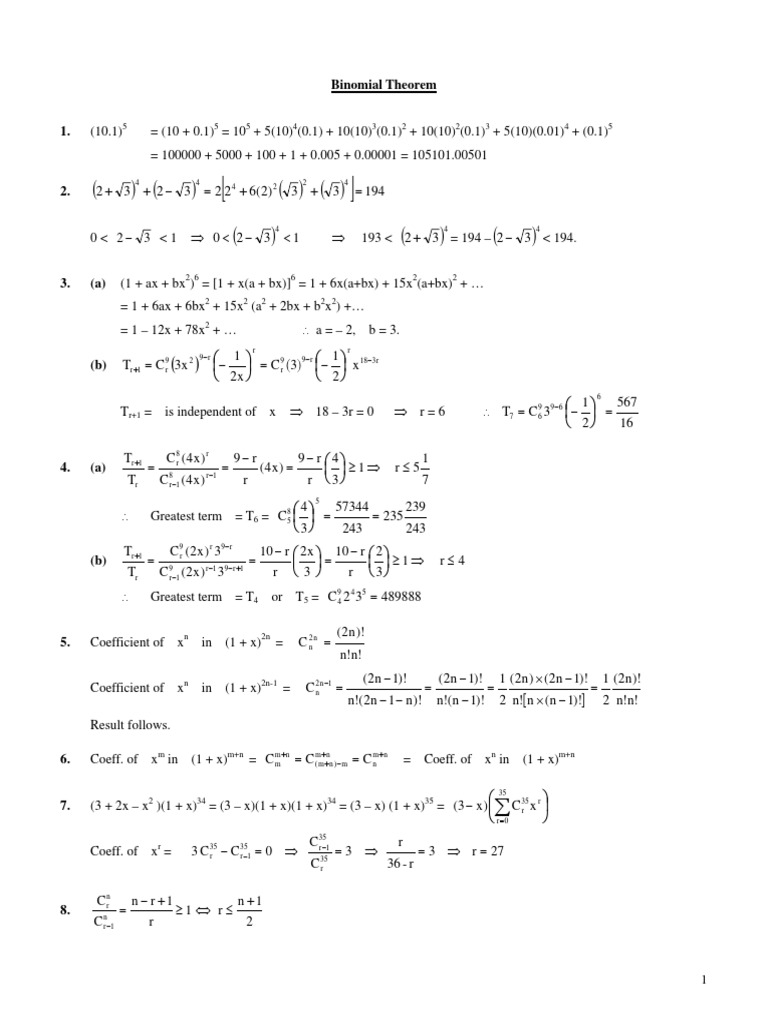 Binomial Theorem Solution Pdf Numbers Teaching Mathematics