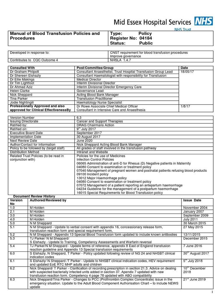 Blood Transfusion Policy Manual | PDF | Blood Transfusion | Blood Donation