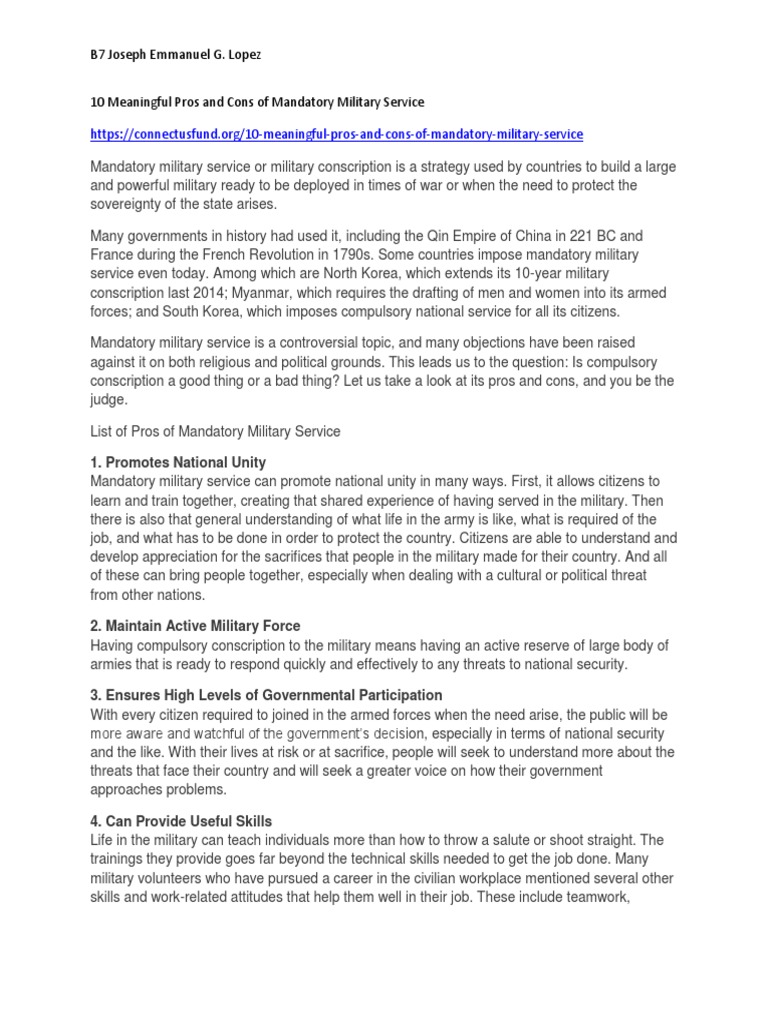 10 Meaningful Pros and Cons of Mandatory Military Service PDF