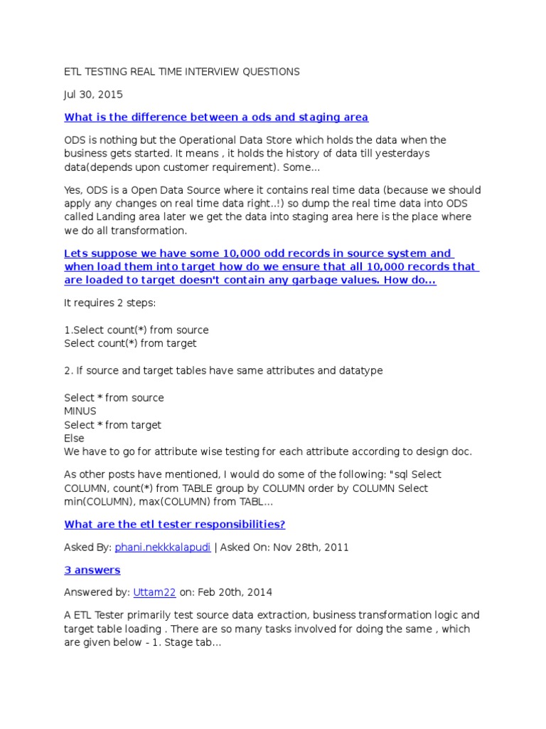 Etl Testing Real Time Interview Questions PDF Download Free PDF