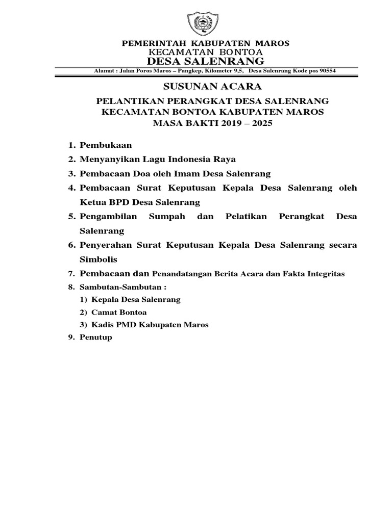Naskah Pelantikan Perangkat Desa 2019 | PDF