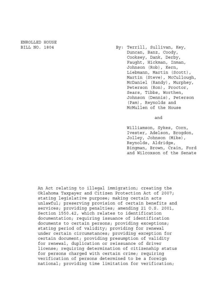 Oklahoma House Bill 1804 PDF Identity Document United States Code