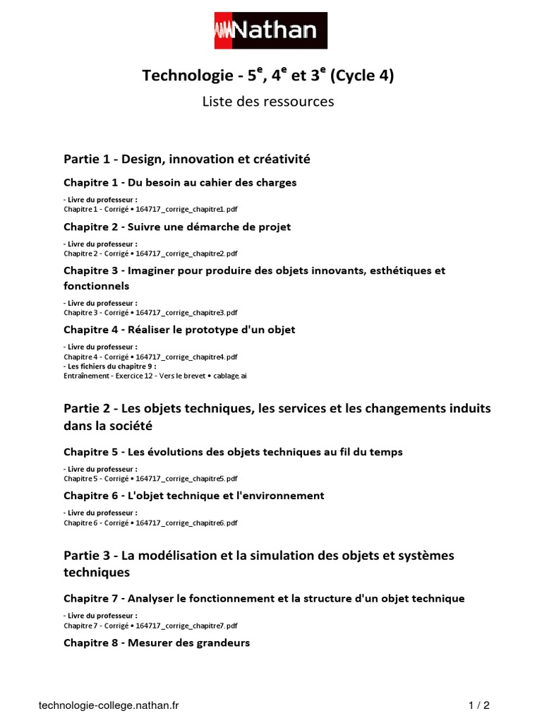 Correction Cahier D activités Francais 3eme Nathan Liste Des Ressources PDF | PDF | Logiciel | Technologie numérique