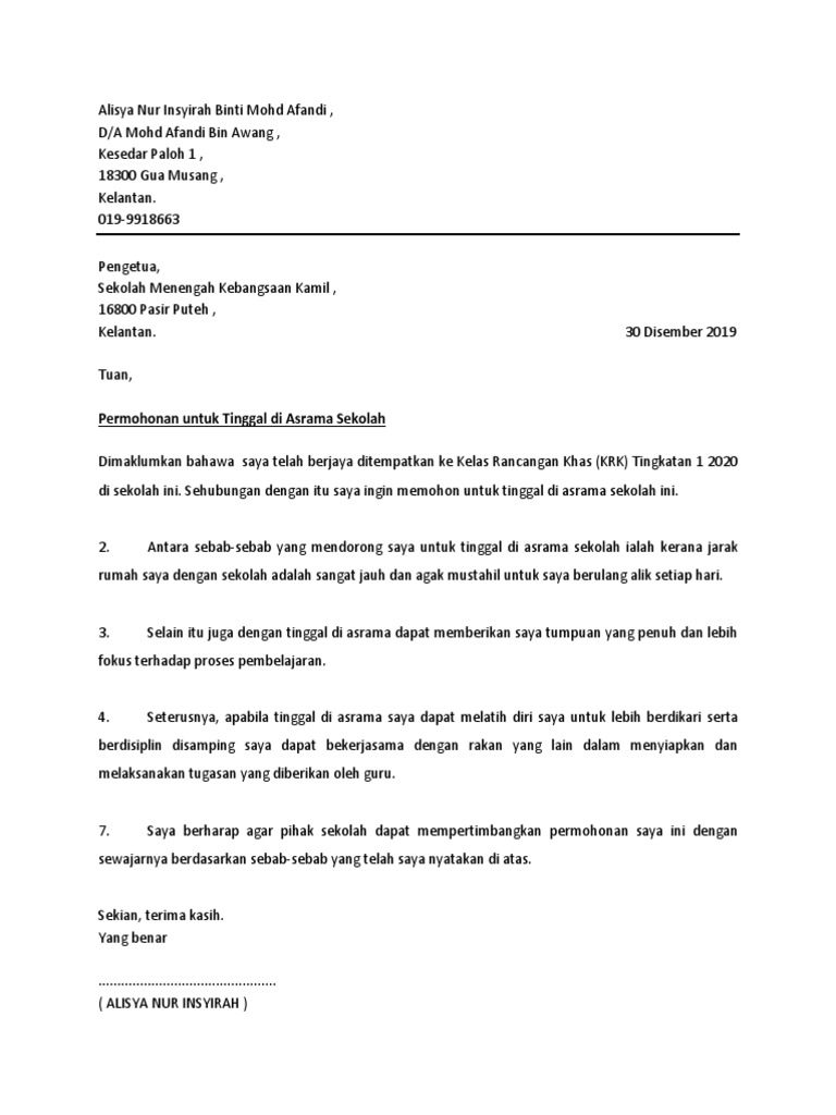 Surat Kiriman Rasmi Permohonan Untuk Tinggal Di Asrama Sekolah Pdf