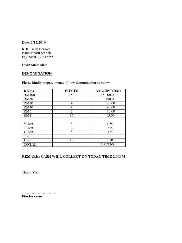Cash Denomination Request for RHB Bank | PDF
