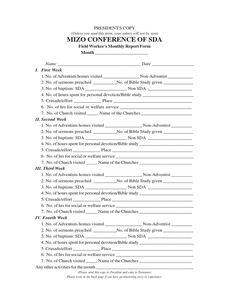 Pastor Monthly Report Form Sermon Adventism