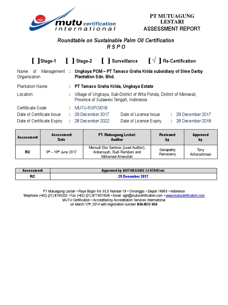 PT Tamaco Graha Krida Ungkaya POM Recertification Summary Report | PDF |  Palm Oil | Business