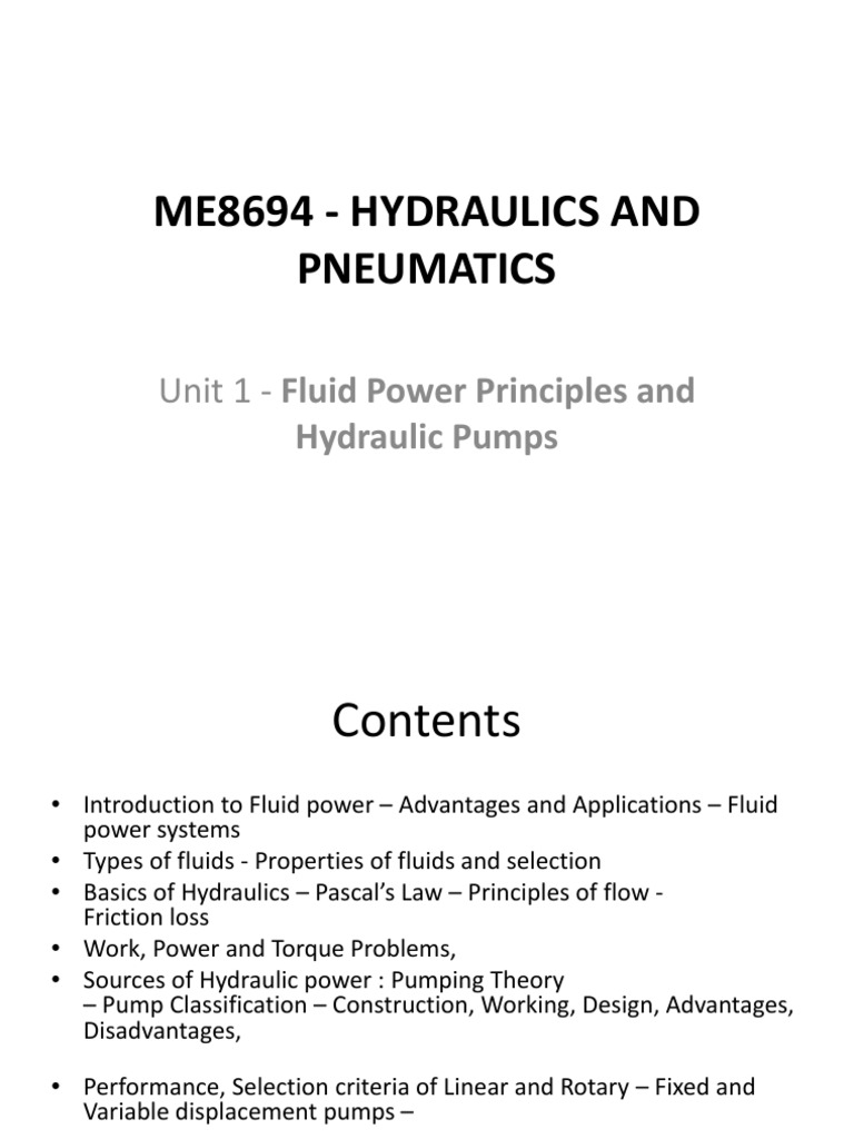 ME8694 HYDRAULICS AND PNEUMATICS Unit 1 Download Free PDF Pump