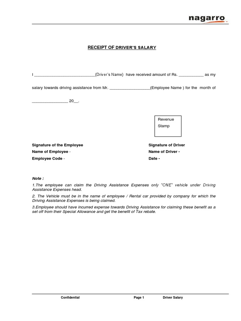 Nagarro - Receipt For Claiming Drivers Salary | PDF