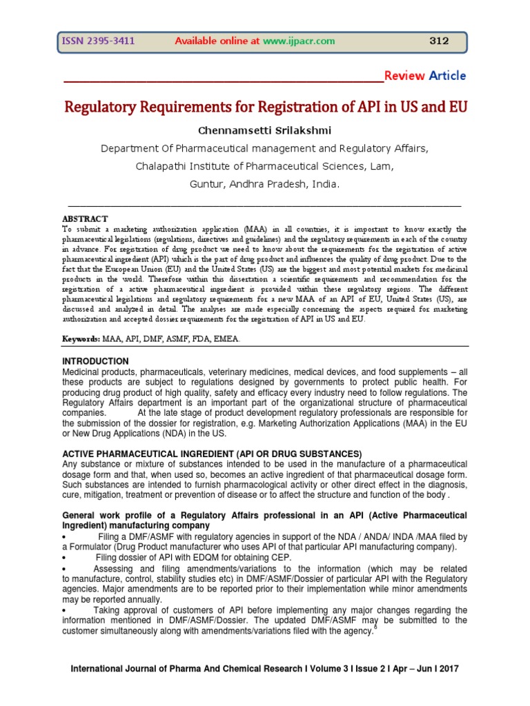 API Registration in US and EU Regulations | PDF | Pharmaceutics ...