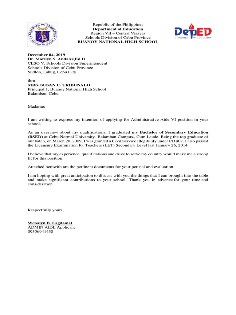 application letter for administrative officer deped