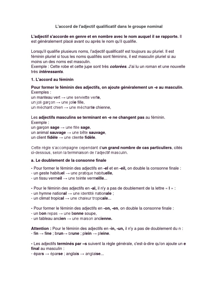 Adjectifs Commençant Par La Lettre L Adjectifs Explication de L'accord | PDF | Genre grammatical | Nombre  grammatical