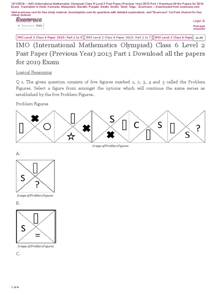 Imo Level 2 Class 6 Paper 2013 Part 1 Pdf Teaching Mathematics