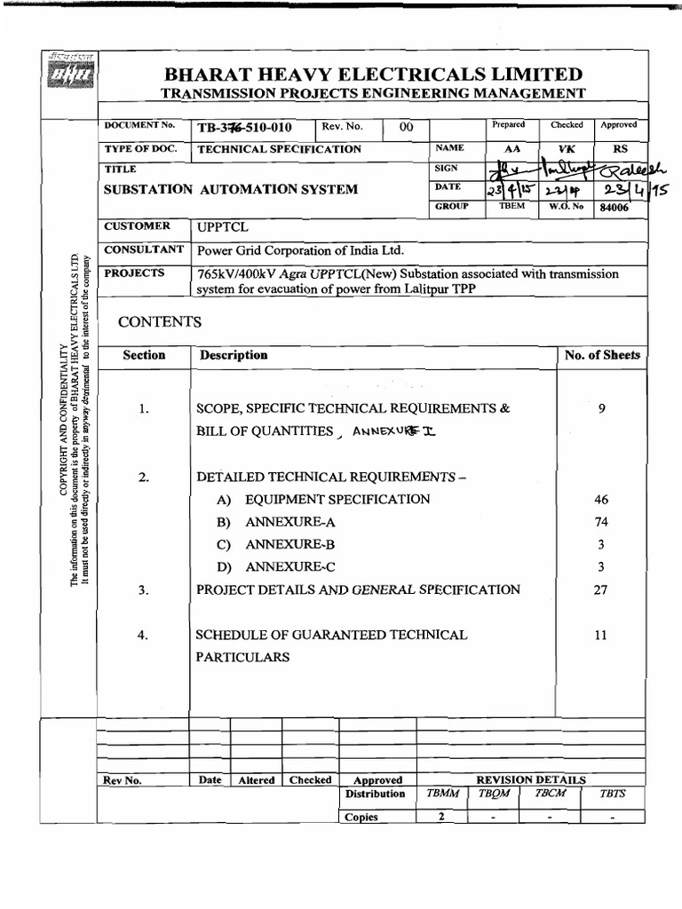 Technical Specification 1432036065 PDF | PDF | Electrical Substation ...