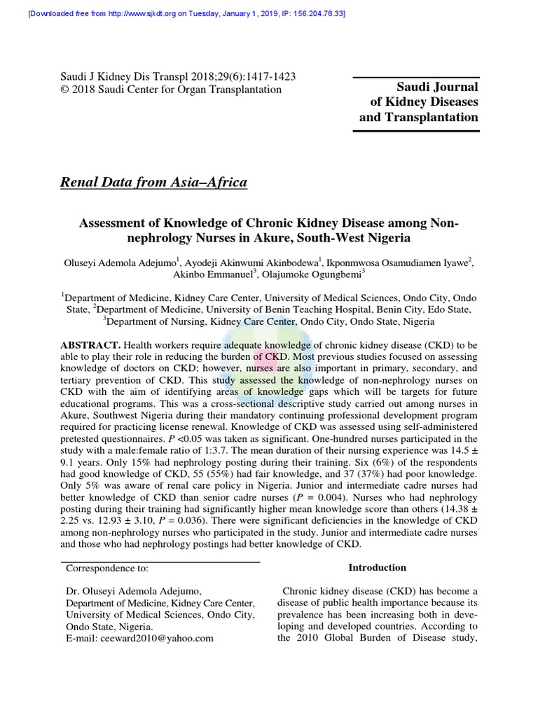 Assessment of Knowledge of Chronic Kidney Disease PDF | PDF | Chronic ...