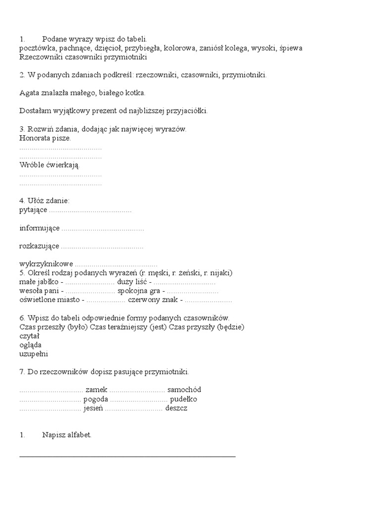 Rzeczownik I Przymiotnik ćwiczenia Klasa 4