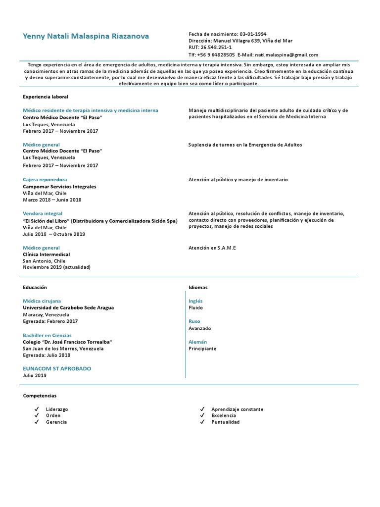 CV Malaspina Riazanova Nov19 | PDF | Hospital | Medicina, image size:768x1024