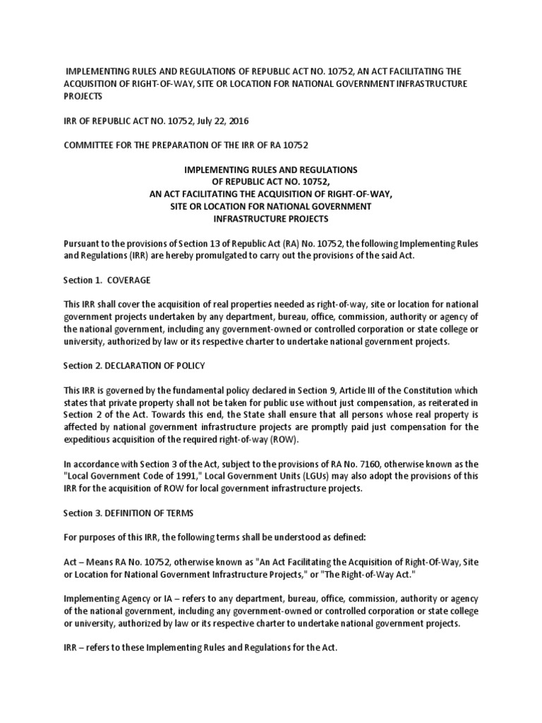 IRR of Republic Act No. 10752 | PDF | Eminent Domain | Squatting