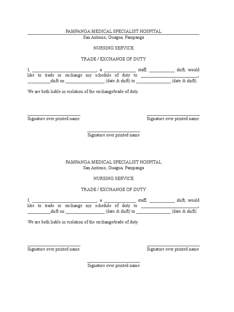 Exchange or Trade of Duty Form PDF