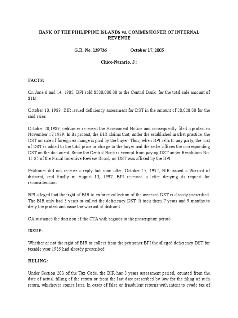 DIGEST BPI Vs CIR 2005 PDF Statute Of Limitations Taxes