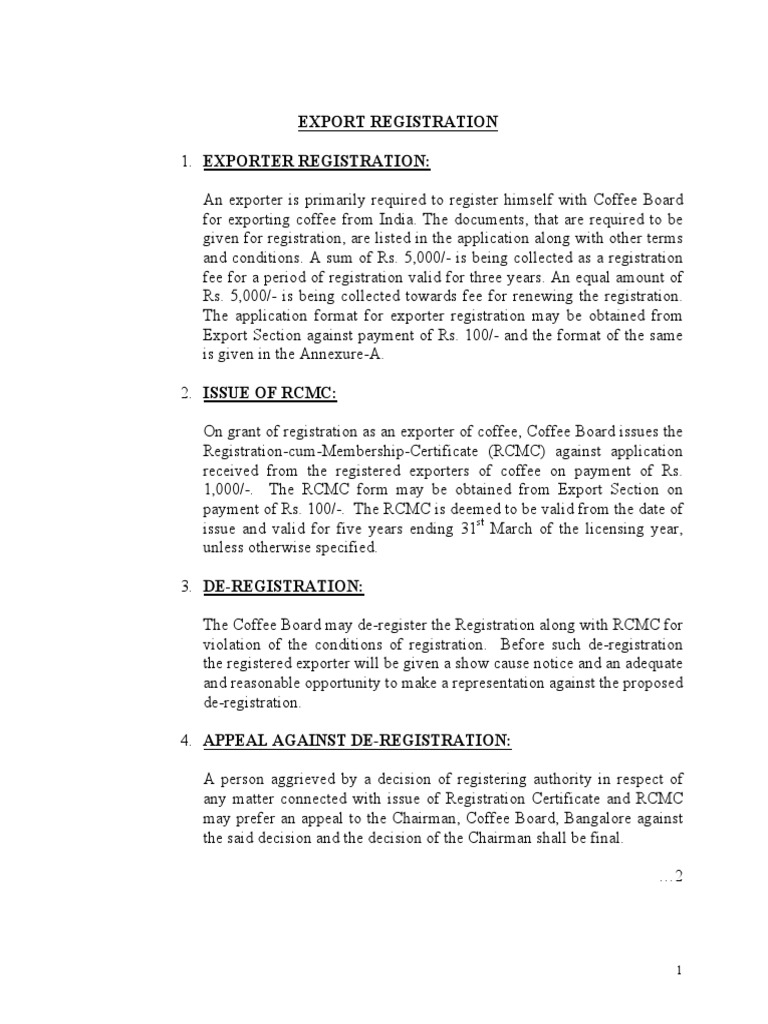 Export Registration | Download Free PDF | Invoice | Coffee