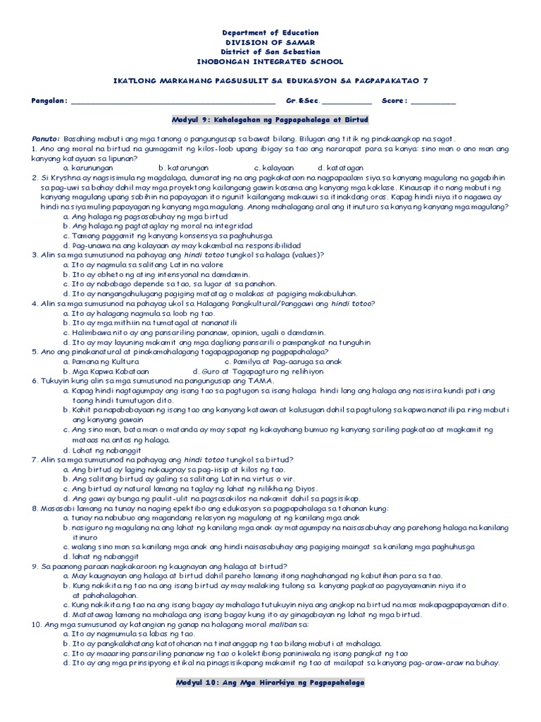 ESP 7 (3rd Quarter Exam) | PDF