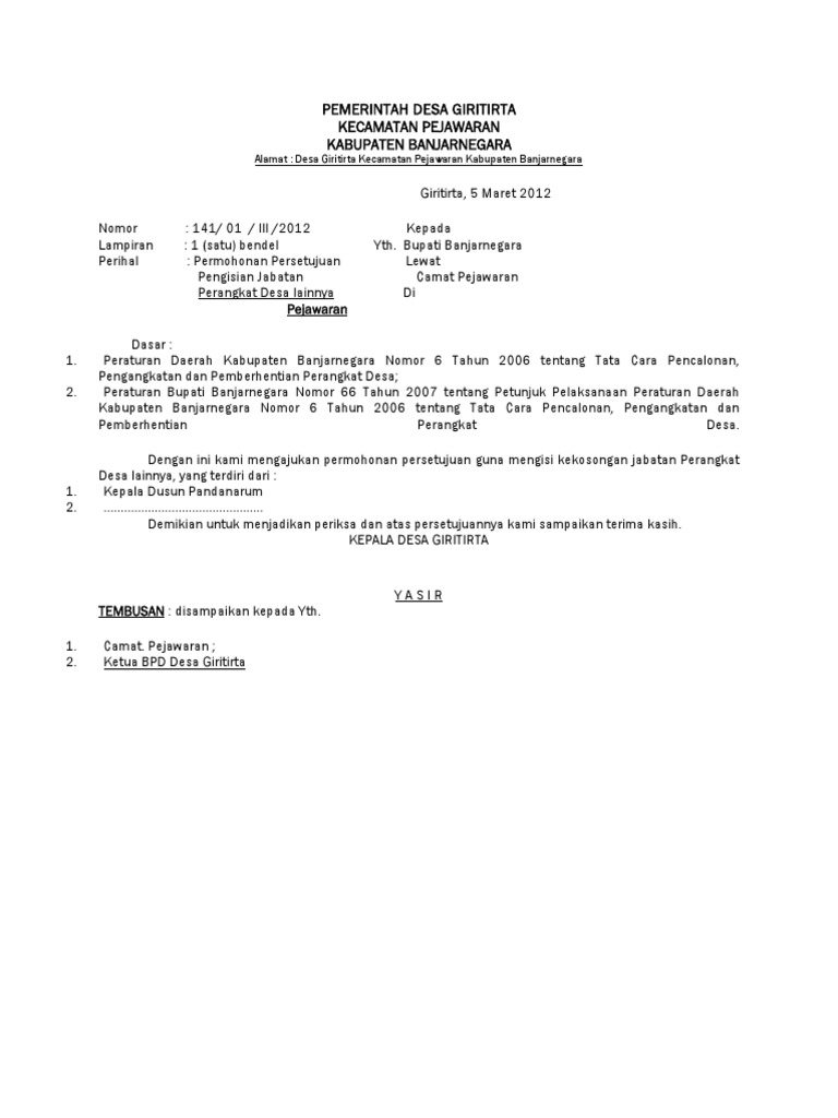 Contoh Surat Pengisian Kekosongan Perangkat Desa Kab Bandung