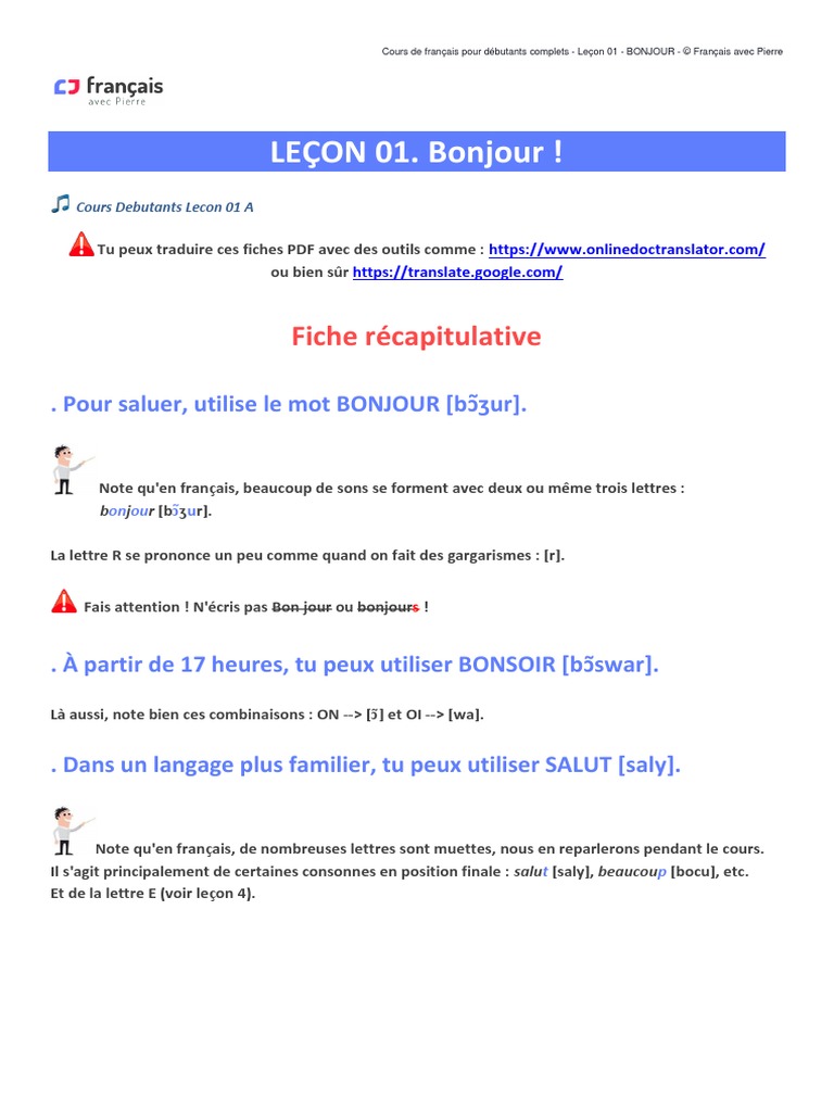 CoursDebutantsLecon01BONJOUR PDF, PDF, Langue française