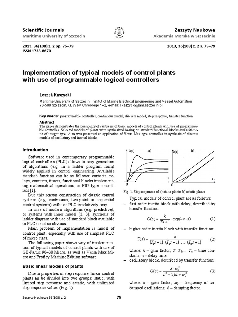 Implementation of Typical Control Plant Models Using Programmable Logic