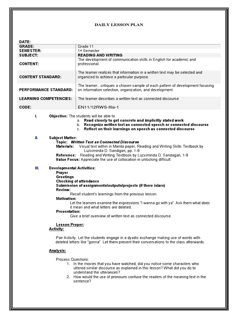 Reading and Writing Skills Lesson 1 PDF Lesson Plan Word