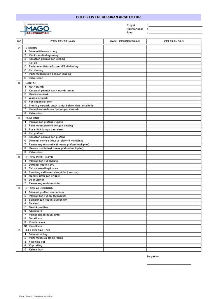 Checklist Pekerjaan Arsitektur Proyek | PDF
