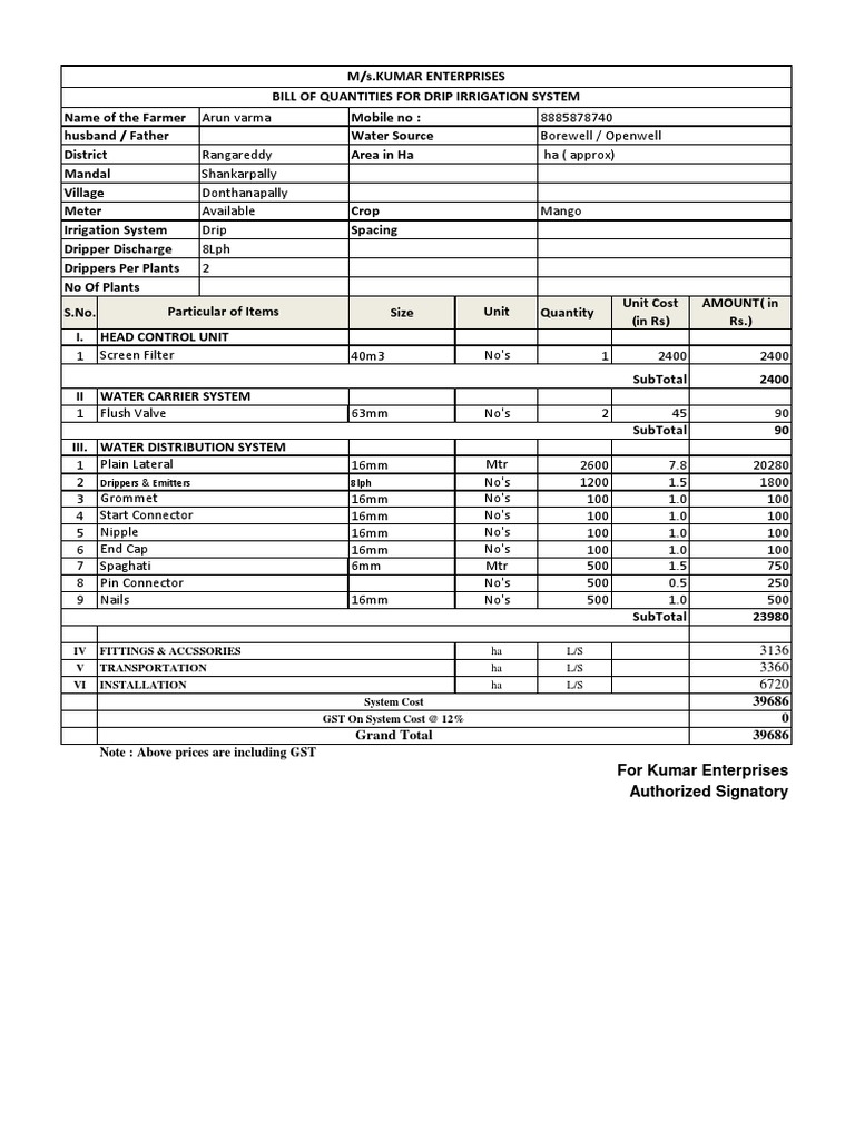 Drip Quotation PDF Irrigation Agriculture