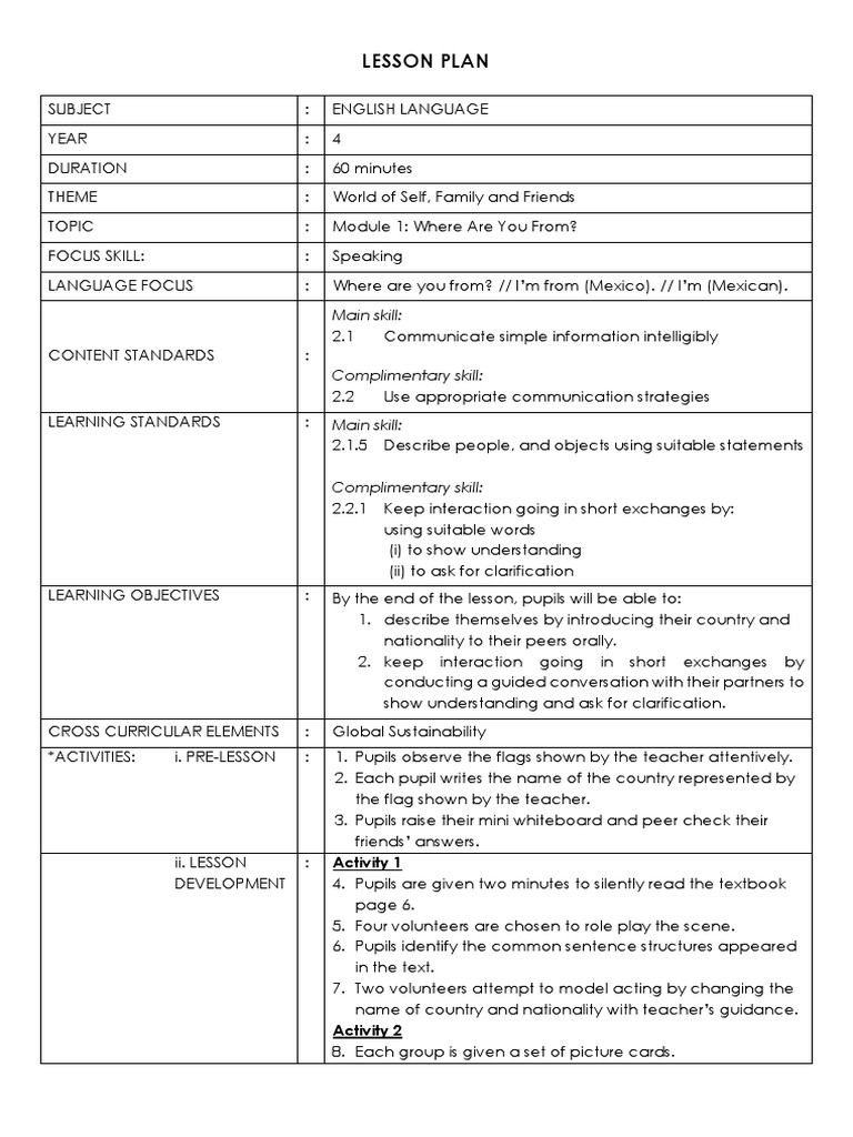 Year 4 English Speaking Lesson Plan | PDF | Lesson Plan | Learning