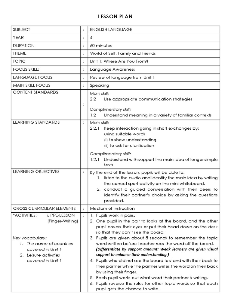 (SAMPLE) CEFR-aligned KSSR Year 4 English Language Lesson Plan ...